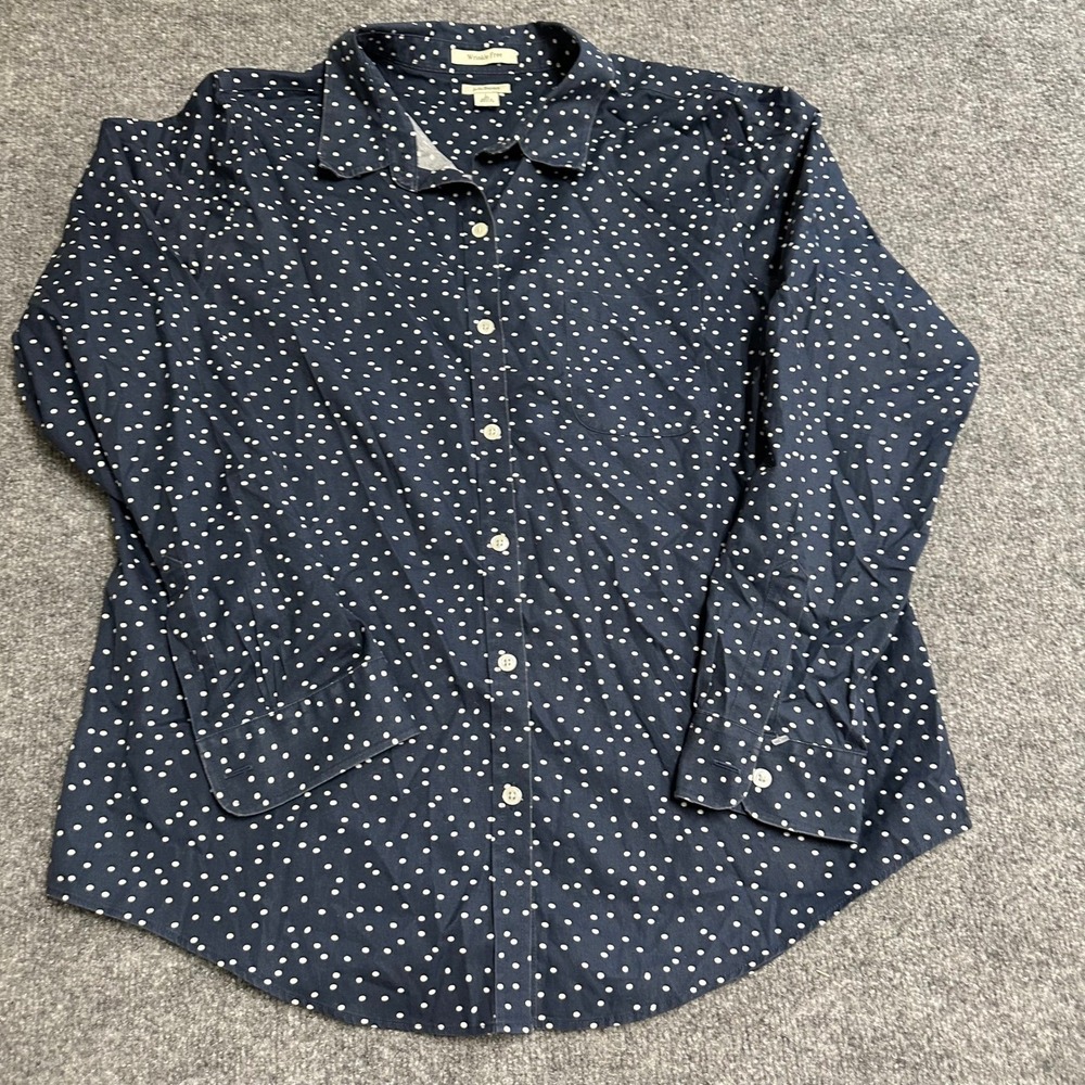 L.L.Bean Shirt Womens Size L Navy Blue Polka Dot Wrinkle Free Long Sleeve Cotton